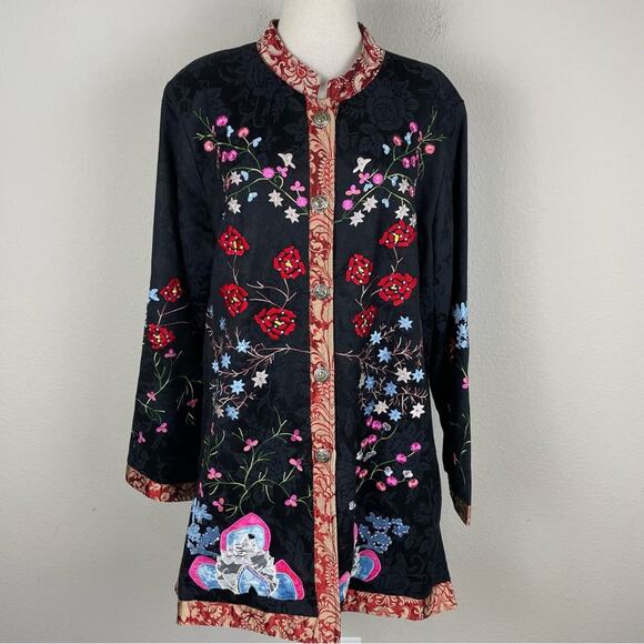 Indigo Moon Black Multicolor Floral Embroidered Jacket Coat Kimono XL - Picture 1 of 6
